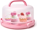 Portable Cake Carrier with Handle, Round Cupcake Holder with Lid, Plastic Storage Container Box fit 10 inch Cake, 3-Locking Muffin and Pies Keeper with Cover (Pink)