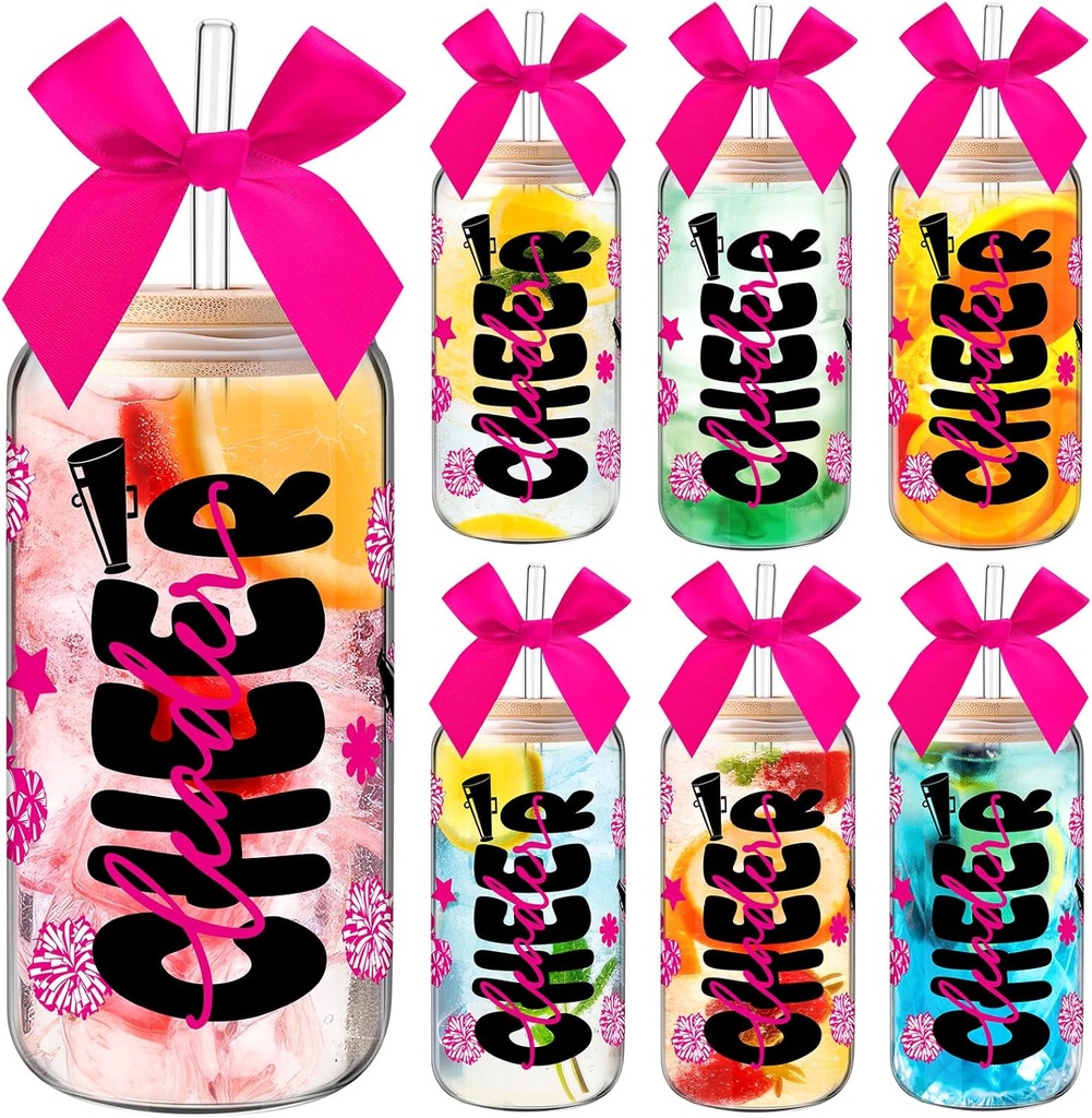 LemonRoad 6 Sets Cheer Gift Rose Red Cheerleading Glass Cup with Bow 16 oz Cheer Water Bottles Cheerleading Tumbler Cup with Lids and Straws Clear Reusable Glass Bottles for Sport Teams Girls Women