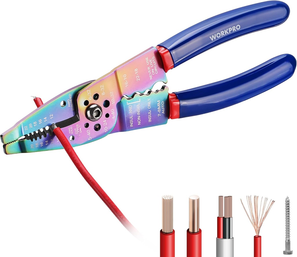 WORKPRO 8" Wire Stripper/Wire Crimping Tool, Wire Stripper Tool for 10-22 AWG,Wire Cutter, Wire Crimper, Cable Stripper, Wiring Tools and Multi-Function Hand Tool with Titanium Coated