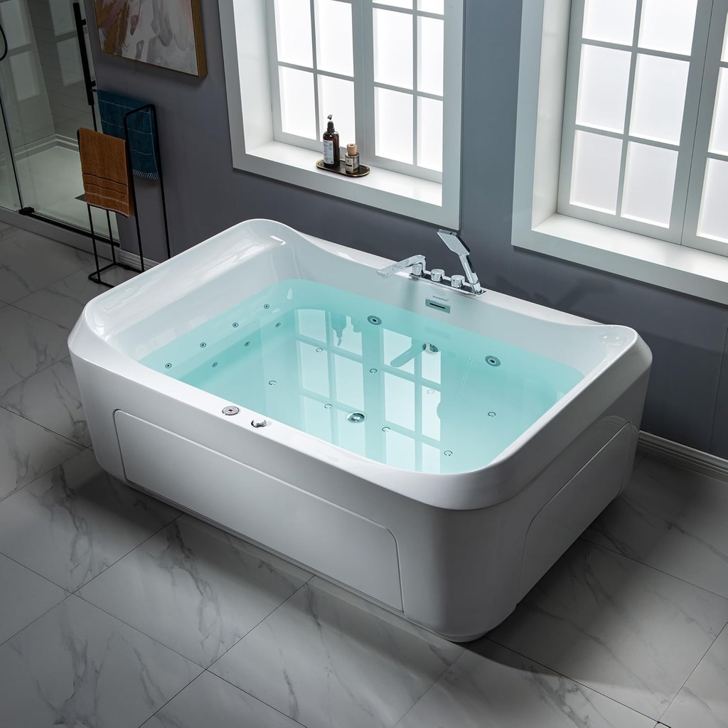 WOODBRIDGE 70-7/8"L x 47-1/4"W 2 Person Freestanding Hydrotherapy Whirlpool and Air Bath Heated Soaking Combination Massage Tub with Adjustable Speed Air Blower and Display Control Panel, B0091