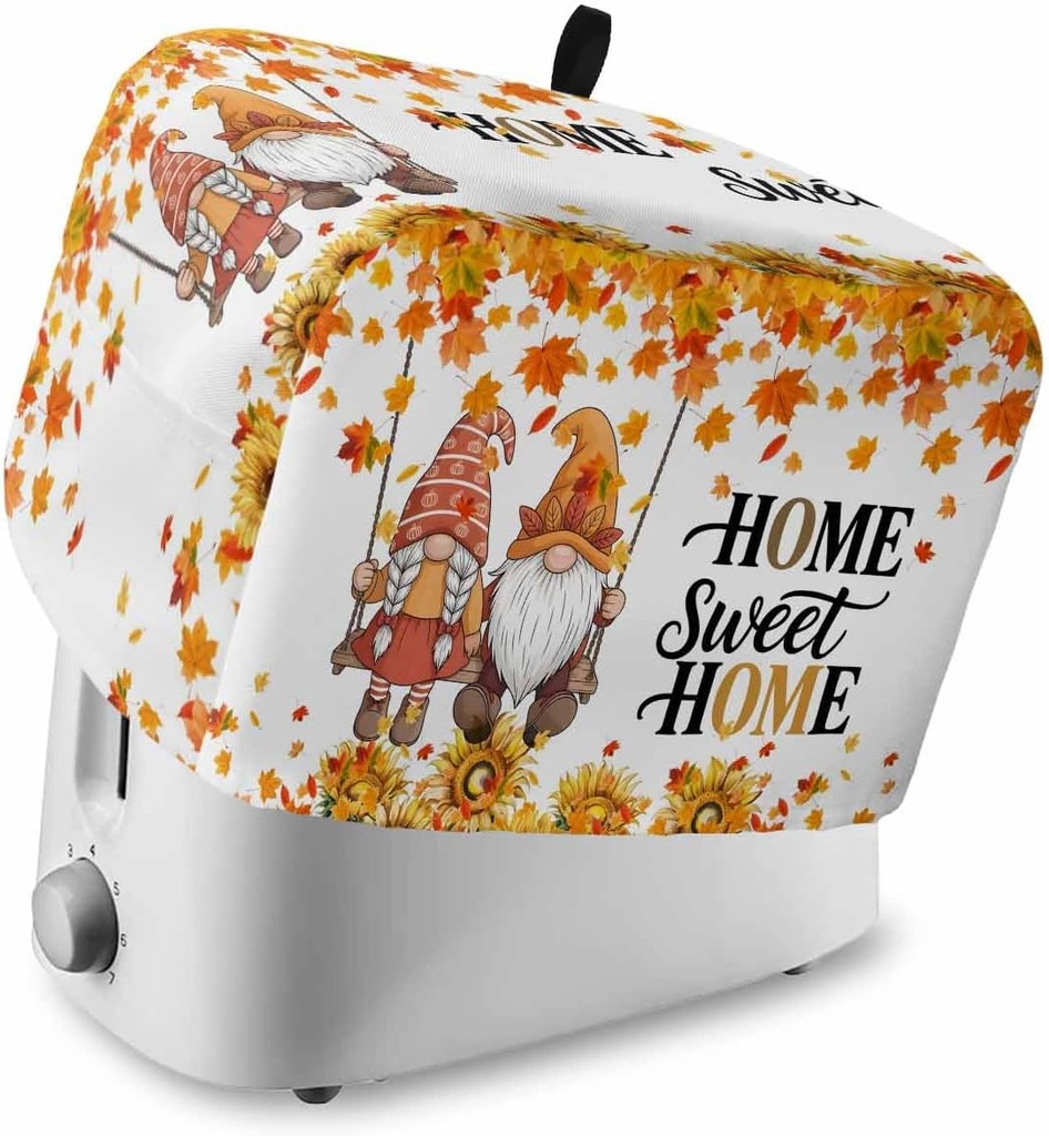 Orange Fall Small Toaster Cover 2 Slice, Kitchen Appliance Covers, Thanksgiving Gnomes Sunflower Maple Leaf Toaster Oven Covers with Loop, Polyester Dust Bread Machine Cover Protection