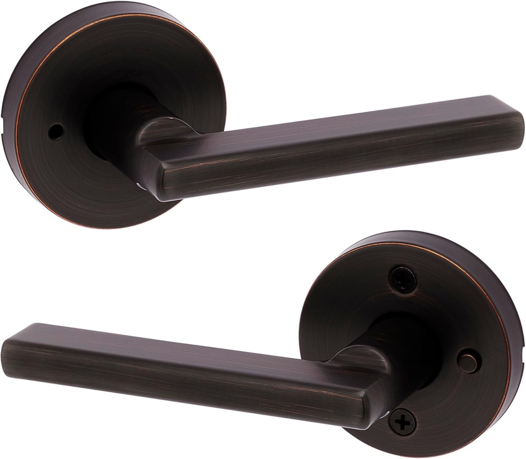 Kwikset Halifax Interior Privacy Door Handle with Lock, Round Lever for Bathroom and Bedroom, Venetian Bronze Reversible Keyless Push Button Lock Door Lever, with Microban Protection
