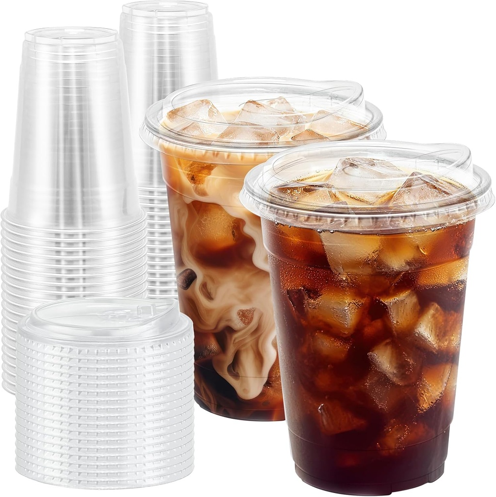 100 Pack 16 oz Clear Plastic Cups with Lids, Disposable Iced Coffee Cups with Sip Lids, Sturdy Plastic Smoothie Cups for Cold Drinks