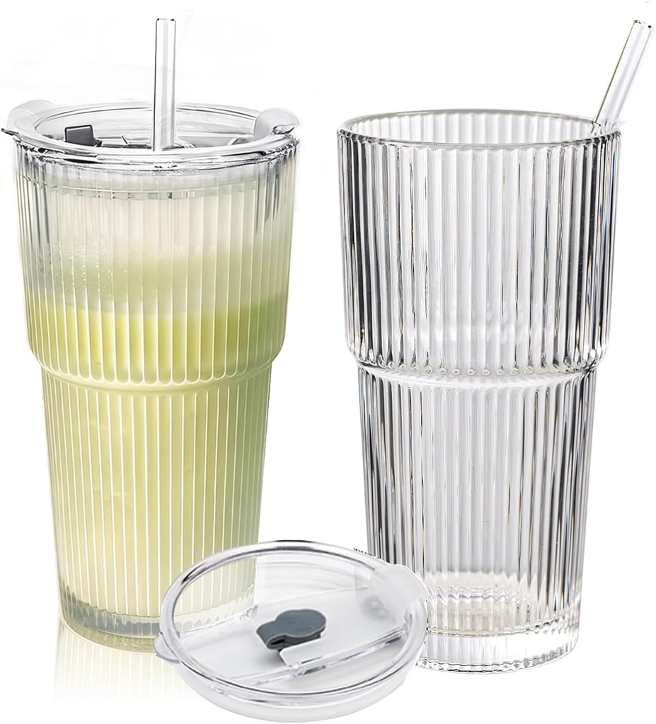 20oz Matcha Cup With Straw, Glass Cups With Lids And Straws Set Of 2 Iced Coffee Cups With Lids For Iced Latte Coffee Smoothie,Glasses Go to Cups