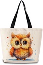 Cartoon Owl Tote Bag Reusable Grocery Bags Cute Aesthetic Shopping Shoulder Handbag with Interior Zipper Pocket Lightweight & Washable Stylish Owl Present for Women