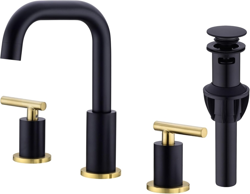 TRUSTMI Brass Bathroom Faucet 2 Handle 8 Inch Widespread Vanity Sink Mixer Faucet with Overflow Pop Up Drain Assembly, Matte Black and Brushed Gold