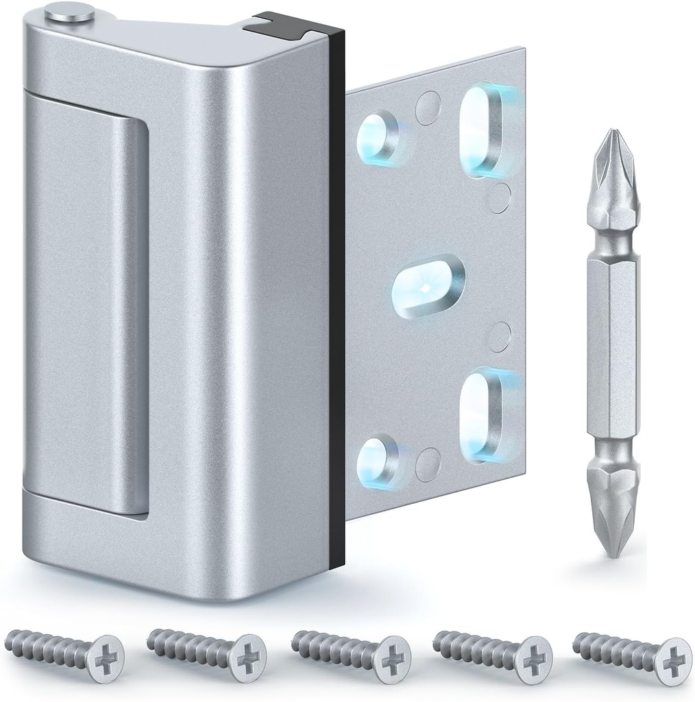 Home Security Door Lock for Kids, Childproof Door Reinforcement Latch with 3" for Inward Swing Doors, Upgraded Night Lock for Front Door Defense, Includes Phillips Drill Bit - Frosted Silver
