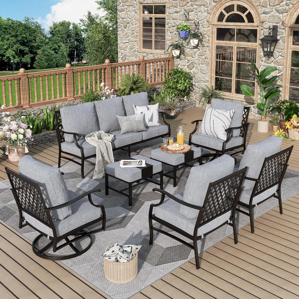 Patio Furniture Set 7 pcs, Outdoor Patio Furniture, 3-Seat Sofa, 2 Single Chairs, 2 Swivel Chairs, 2 Ottomans and 5.75" Extra Thick Cushion, Patio Conversation Set for Backyard Deck,Grey