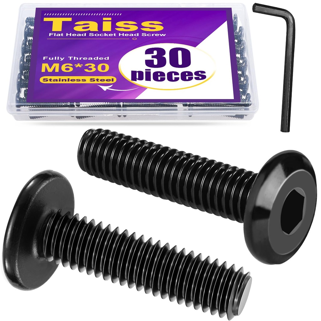 Taiss 30pcs M6 x 30mm Flat Head Socket Head Screw Furniture Bolts,Furniture Screws Stainless Steel 18-8(304),M6 Bolts Black Zinc Plated Fully Threaded,Countersunk Connector M6 Screws with Hex Spanner