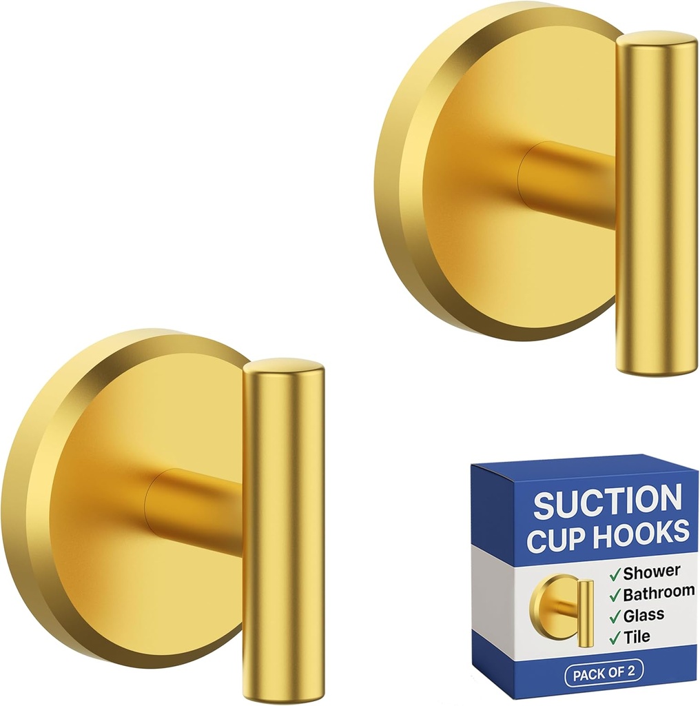 HOME SO Suction Cup Hooks T Shape (2 or 4 Pack) (Brushed Gold, 2, Count)