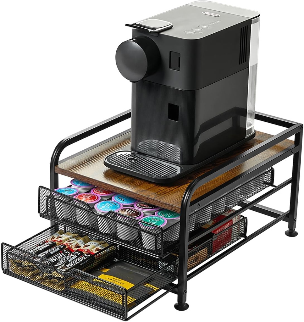 Coffee Pod Organizer Drawer – K-Cup & Nespresso Vertuo Compatible Holder, Stylish Wood & Metal Design, Durable Storage for Countertop Setup
