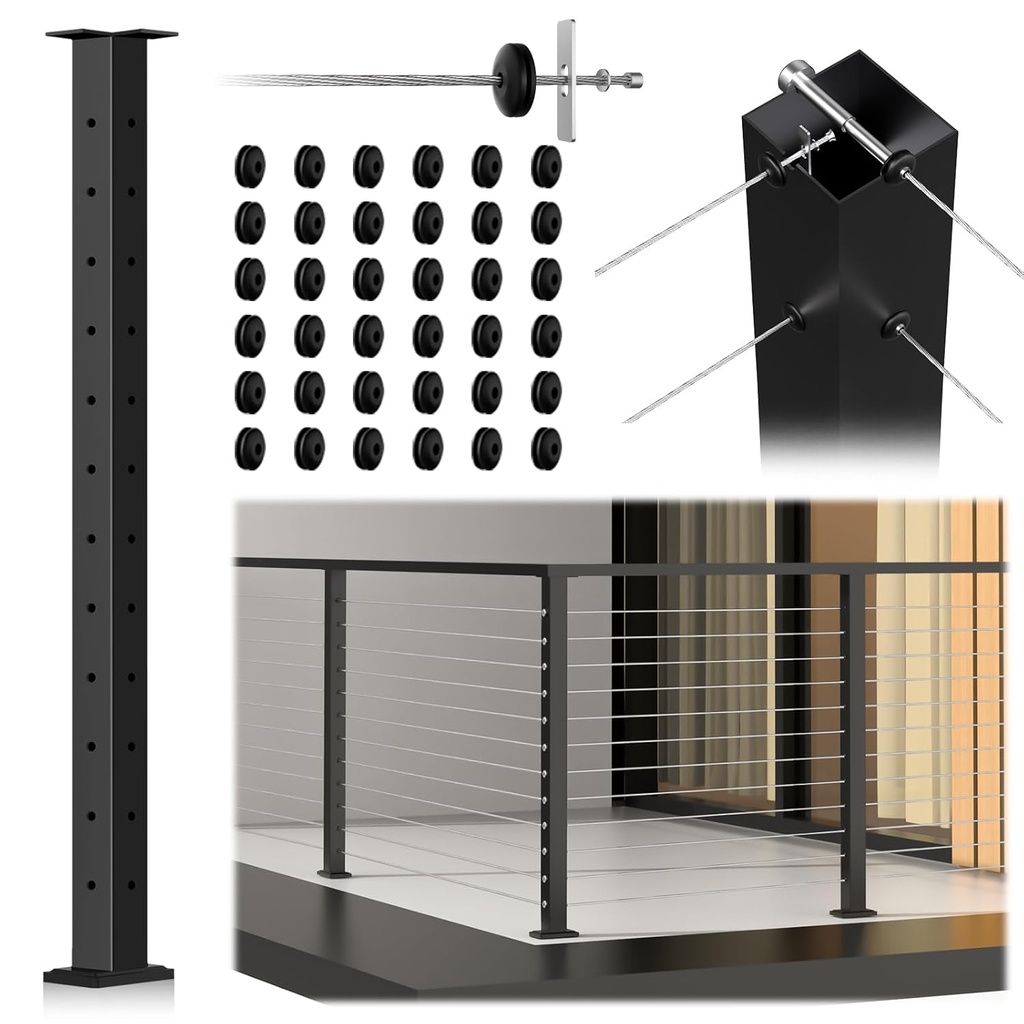 42" T-Drilled Corner Post Cable Railing, Three Sides Fixed Top One-Post Corner Solution, Matte Black Stainless Steel T304 Handrail Deck Corner Post with Inner Terminal & Cable Grommets