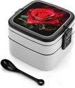 Adult Double-Layer Bento Box Rose Flower Portable Lunch Box with Spoon And Invisible Handle Leakproof Microwave-Safe Food Container for Work Travel Camping