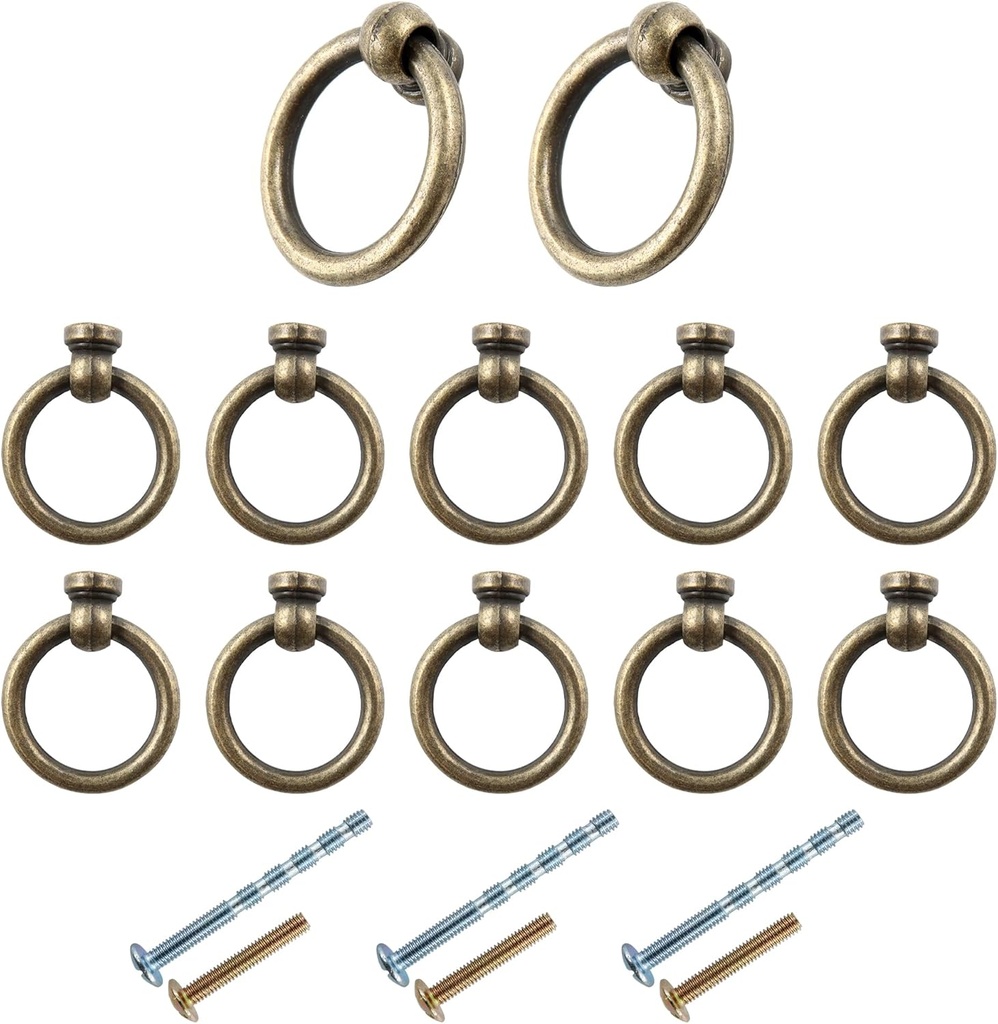 12PCS Vintage Bronze Ring Pull Handle, Small Single Hole Round Drop Ring Drawer Pulls Knobs for Cabinets Dressers Closets Doors
