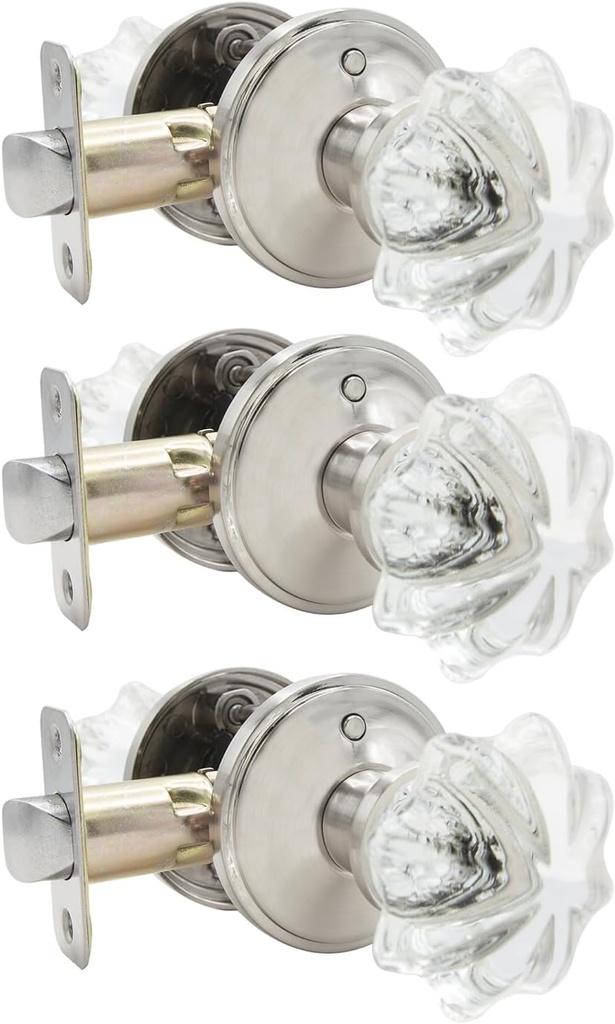 Glass Crystal Door Knob, Satin Nickel, Interior Privacy Door Knobs (3 Pack)