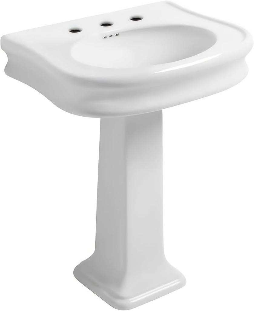 Whitehaus Isabella Collection Traditional Pedestal Sink with Integrated Oval Bowl, Seamless Rounded Decorative Trim, Rear Overflow; 3 hole oval; Color: White