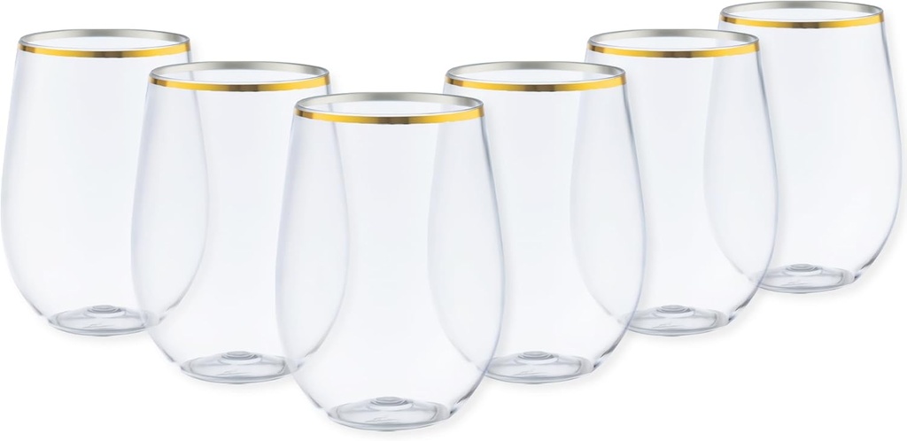 DecorLine Elegant Stemless Wine Goblets - 16 oz (Pack of 6) - Clear with Luxurious Gold Rim - Chic, Durable & Timeless Design - Perfect for Entertaining and Celebrations
