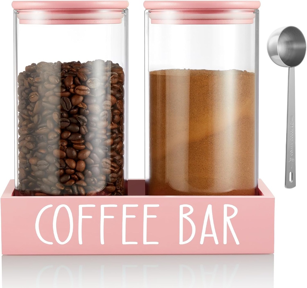 Pink Coffee Canister for Ground Coffee - 2 Pack 45oz Glass Coffee and Sugar Container Set with Airtight Lids and Tray - Pink Coffee Bean Storage Jars for Coffee Bar Kitchen Decor and Accessories