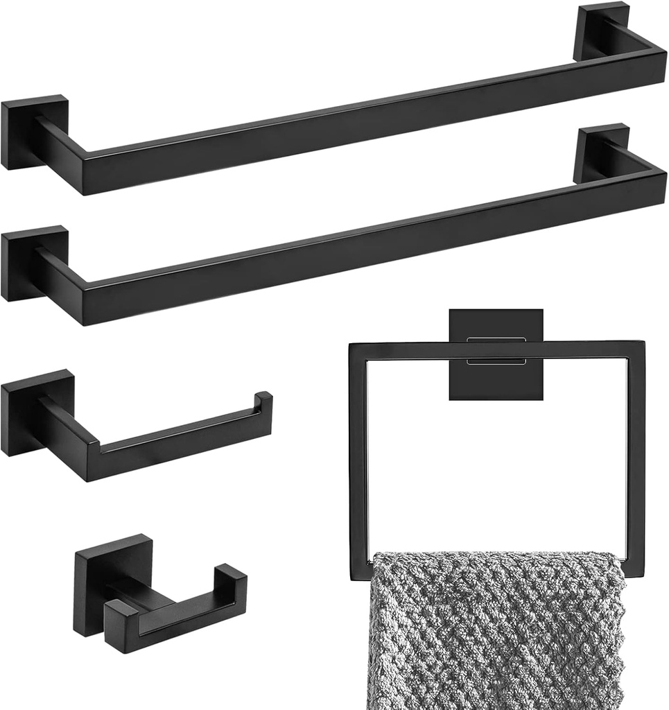 5-Piece Bathroom Hardware Set Matte Black, Lava Odoro Towel Bar Set Stainless Steel Wall Mounted - Include 2 Towel Bar Towel Ring Toilet Paper Holder and Double Hook, 23.6-Inch