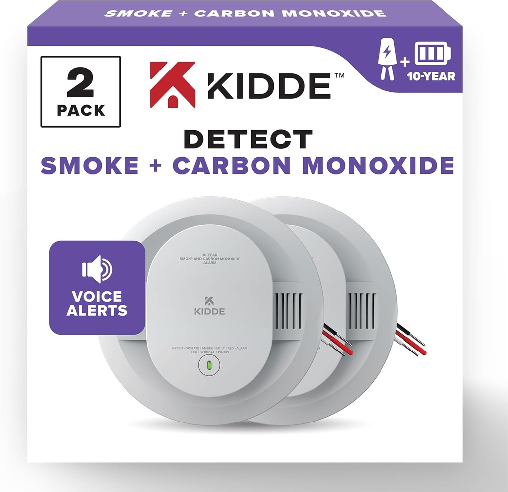 Kidde Hardwired Smoke & Carbon Monoxide Detector, 10-Year Battery Backup, Voice Alerts, Interconnectable LED Warning Light Indicators, 2 Pack