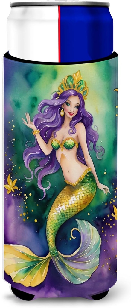 Caroline's Treasures DAC5241MUK Mermaid Mardi Gras Hugger for slim cans. Cooler Sleeve Hugger Machine Washable Drink Sleeve Hugger Collapsible Insulator Beverage Insulated Holder