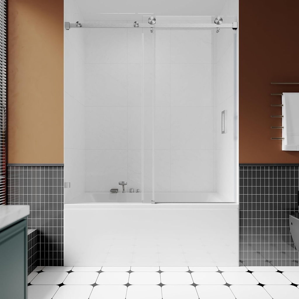 3/8" (10mm) Sliding Glass Shower Door for Bathtub, 56-60" W x 66" H Frameless Bathroom Door with Easy-Cleaning Coating,Brushed Nickel