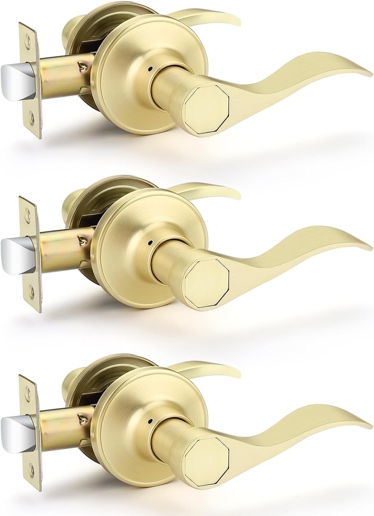 EHOMEWARE 3 Pack Gold Door Handle, Brass Interior Door Handle Passage Door Lever for Hallway Closet, Wave Door Lever