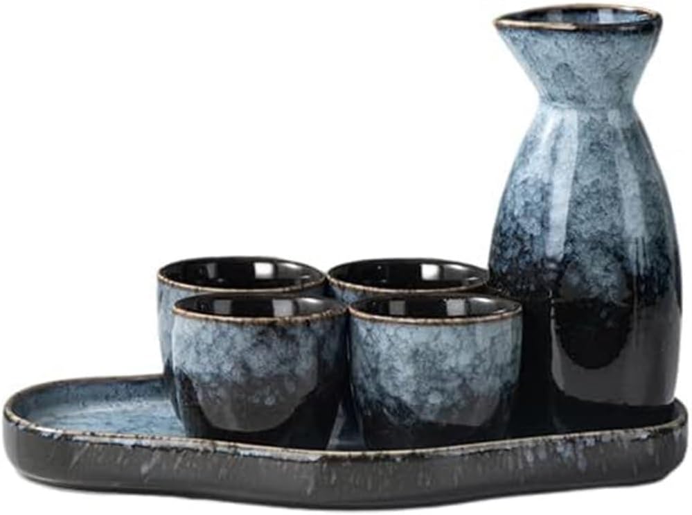 Vintage Sake Set,Japanese Traditional Ceramic Sake Serving Sets 6Pieces, Pottery Sake Bottle and 4 Cups,1Tray,Ideal for Sake (D)