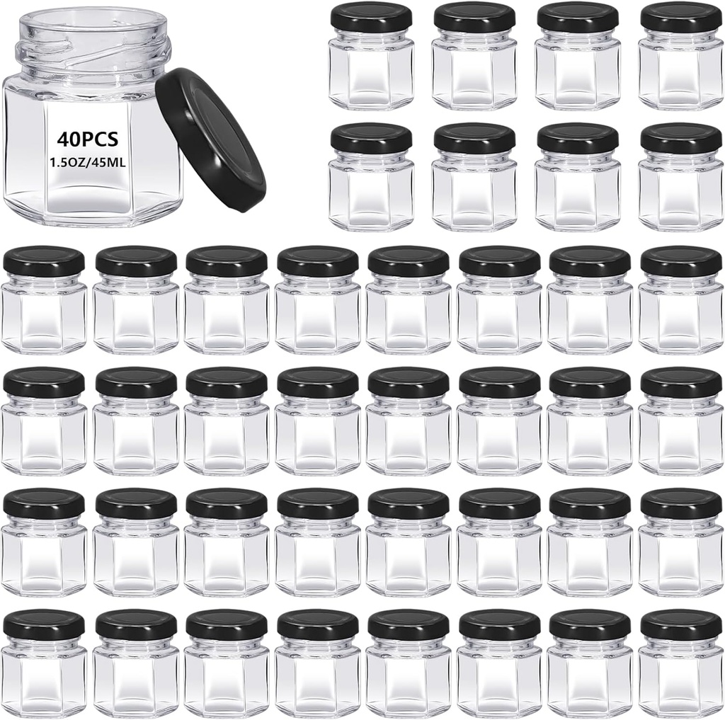40 Pack 1.5 oz Mini Clear Honey Jars for Wedding Favor, Baby Shower, 45ml Small Glass Favor with Airtight Lids, Gift Jars, Sample Body Butter, Jam, Spices, Herbs, Candy, Candle (Black cap)