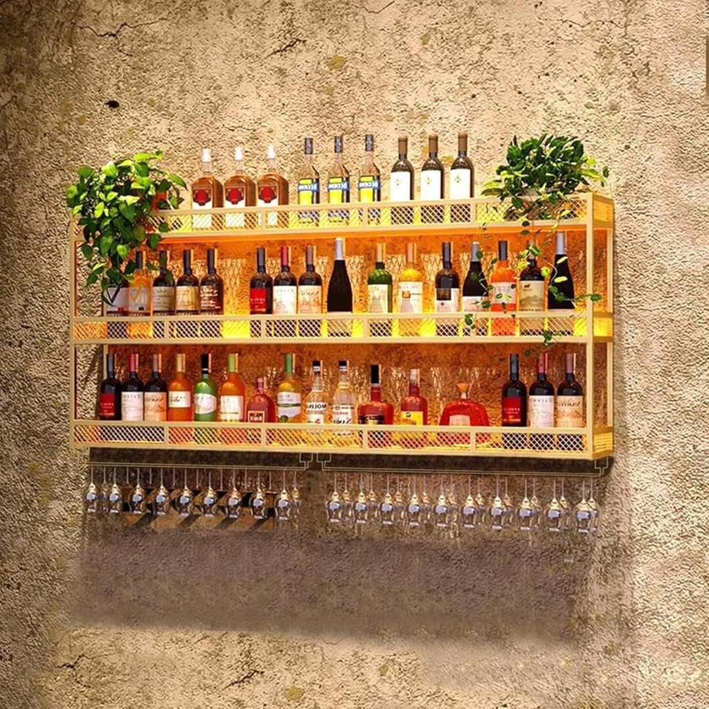 Wall Mounted Wine Rack with Glass Holder,3-Tiers Bar Unit Wall Wine Display Rack,Wine Storage Rack for Home Mini Bar Cellar,Wall Mounted Wine Display Rack(Size:80 * 25 * 90cm,Color:Glod)