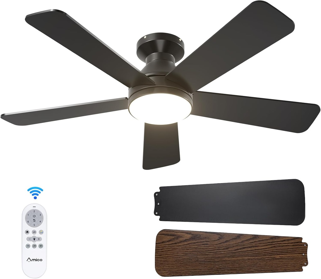 Amico Ceiling Fans with Lights, 42 Inch Low Profile Ceiling Fan with Light and Remote Control, Flush Mount, Reversible, 3CCT, Dimmable, Quiet, Black Small Ceiling Fan for Bedroom Outdoor/Indoor Use