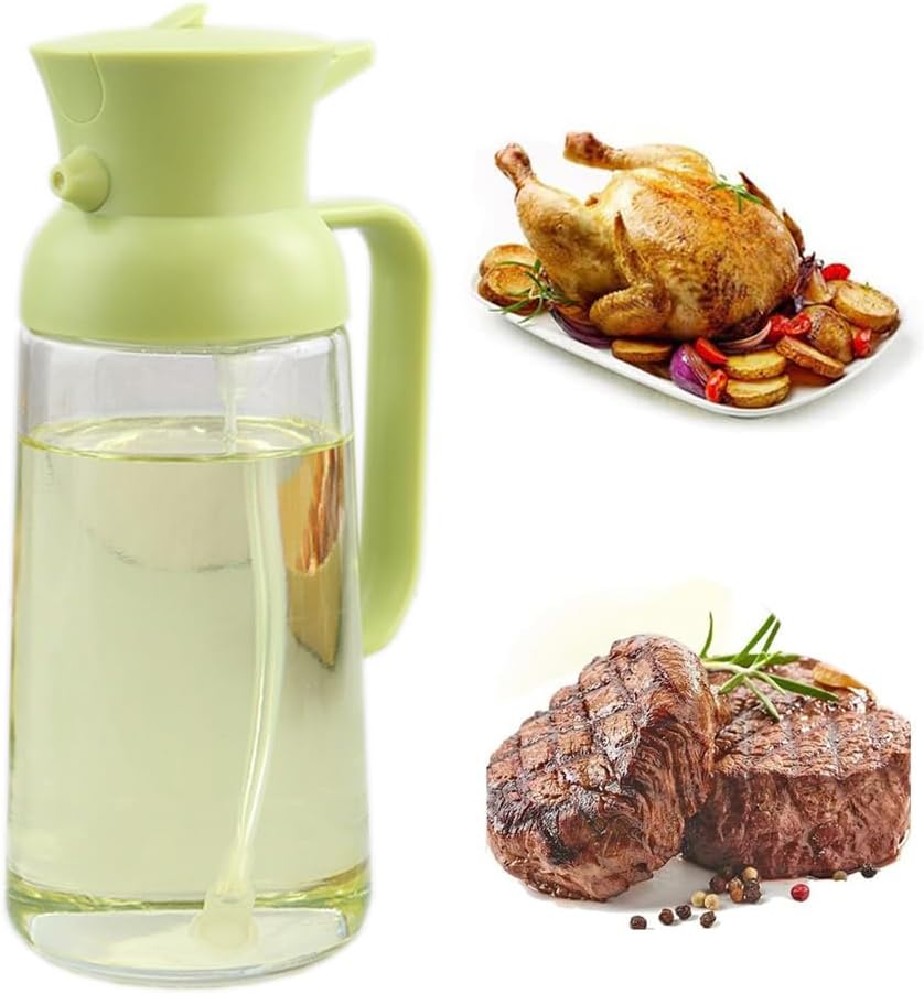 Transparent Glass Oil Spray Bottle 600ml,2-in-1 Oil Dispenser and Vinegar Sprayer Cooking Oil Preparation Dispensers for Kitchen Cooking Air Fryer Salad Baking BBQ, Green