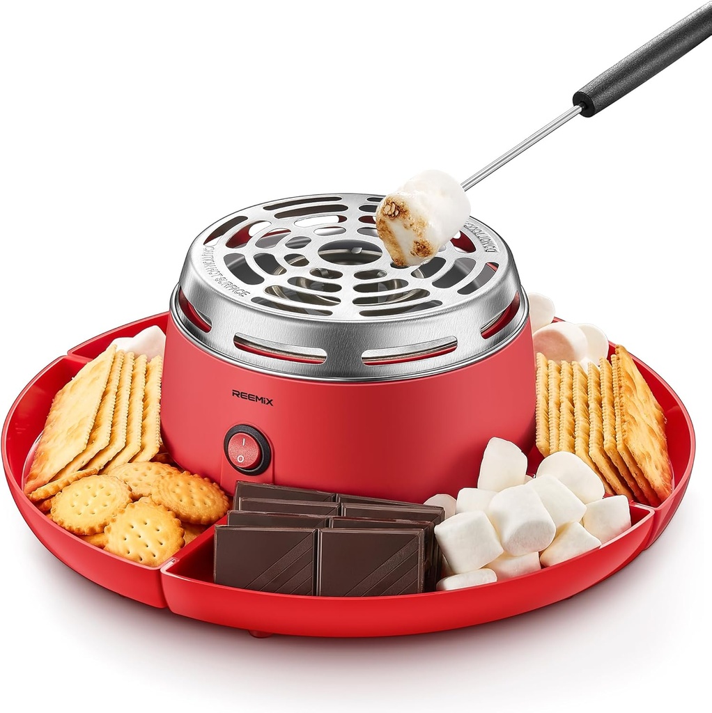 S'mores Maker Tabletop Indoor, Reemix Flameless Electric Marshmallow Roaster with 4 Detachable Trays & 6 Roasting Forks, Gift Set & Date Night Idea, Red
