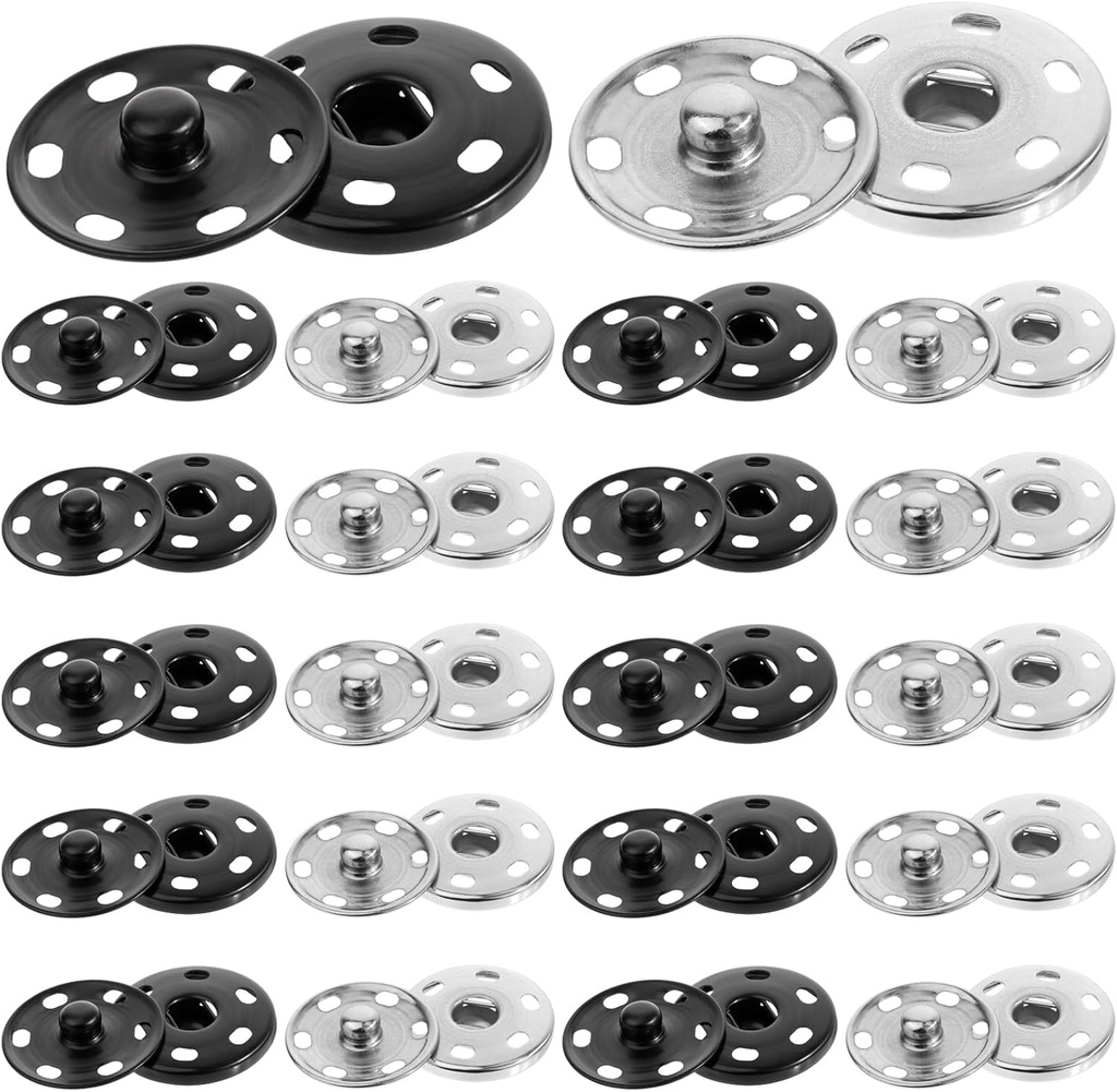 20 Sets Large Snaps for Fabric, Metal Sew on Snap Fastener Buttons 25mm Large Sewing Snaps Press Studs Buttons Big Snap Button for Sewing Clothing, Black and Silver (Large Size 0.98IN)