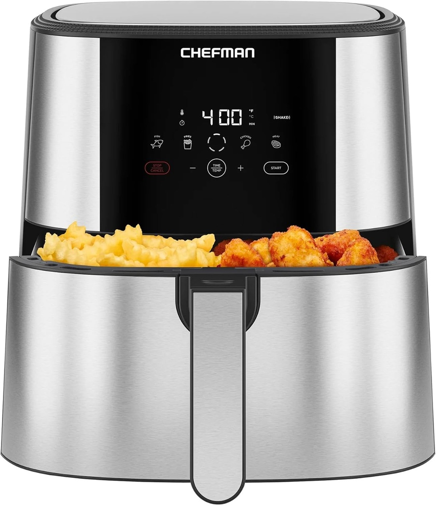 Chefmaan TurboFry Air Fryer, 8 Quart Capacity with Stainless Steel Finish, Basket Divider for Dual Cooking, 4 Presets, Digital Touch Control, Dishwasher Safe, 1700W, Compact Design