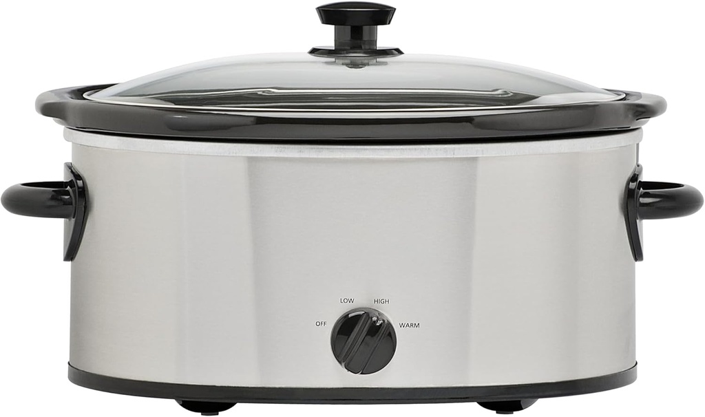 6 Quart Oval Slow Cooker, Stainless Steel Finish, Glass Lid, Adjustable Temp, Perfect for Families and Gatherings Entertaining, Silver