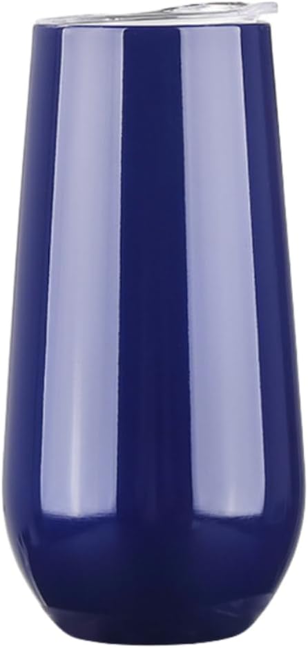 6 oz Stainless Steel Champagne Tumbler Stemless Glasses with Lid, Double Wall Insulated Travel Mug Perfect for Wine, Coffee, Drinks, Champagne, Cocktails, Colorful (Navy)