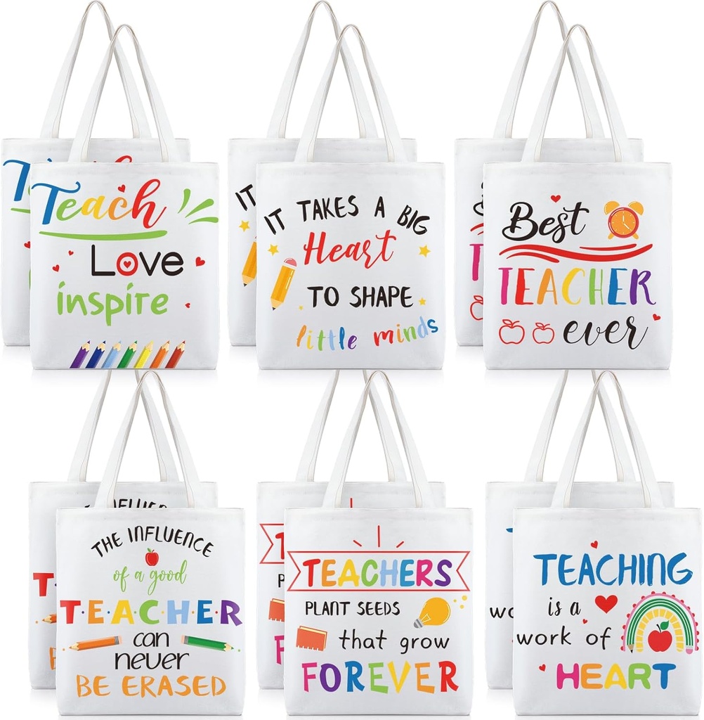 Aliceset 12 Pcs Teacher Appreciation Gifts Teacher Canvas Tote Bags in Bulk for Women Christmas Back to School Gifts