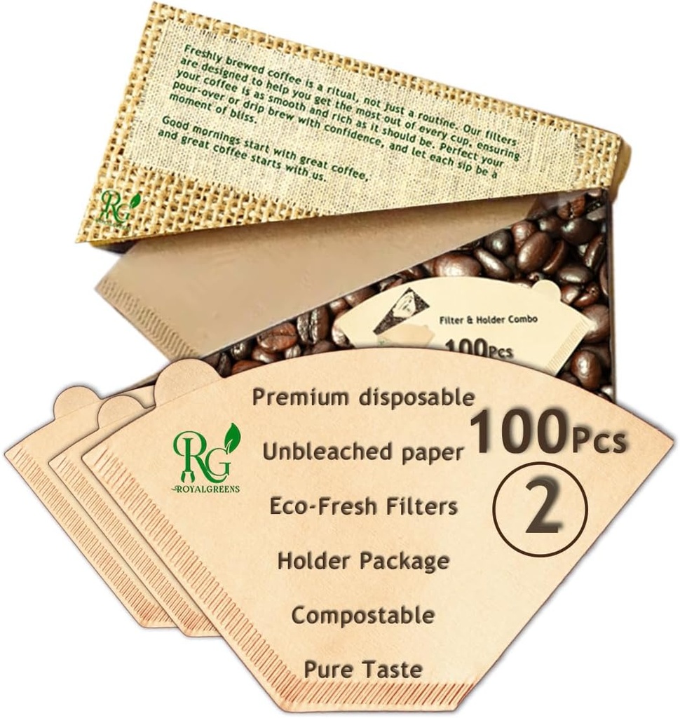 Coffee Filter Paper, Eco-Fresh, Holder Package, Compostable, Natural Unbleached, Premium Disposable, Edge Indentation, Eco-Friendly and Made from wood pulp.