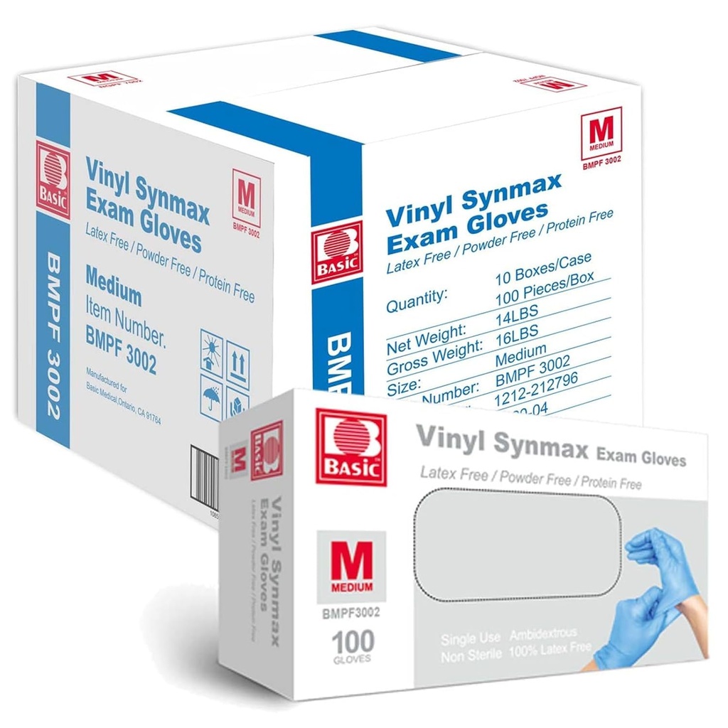 Jointown Basic Vinyl Exam Gloves-Safty Glove Latex-Free & Powder-Free, Synmax Disposable Medical Glove, BMPF3002 Medium (Case of 1000, Blue)