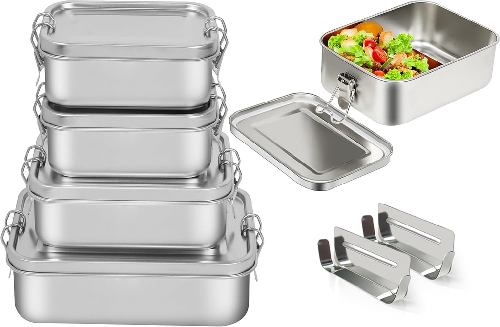 LEEPENK 304 Stainless Steel Lunch Box and Food Containers with Lids 4 Pack 1400/850/550/550ml, Leak-Proof and Stackable Stainless Steel Bento Box for Travel and Work Adults