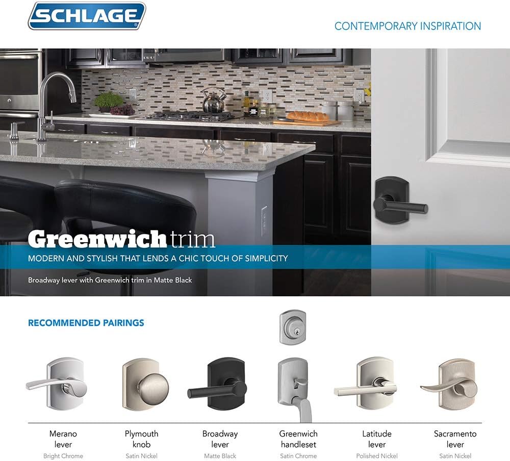 SCHLAGE F10MER622GRW F10-MER-GRW Merano Passage Door Lever Set with Decorative Greenwich Trim