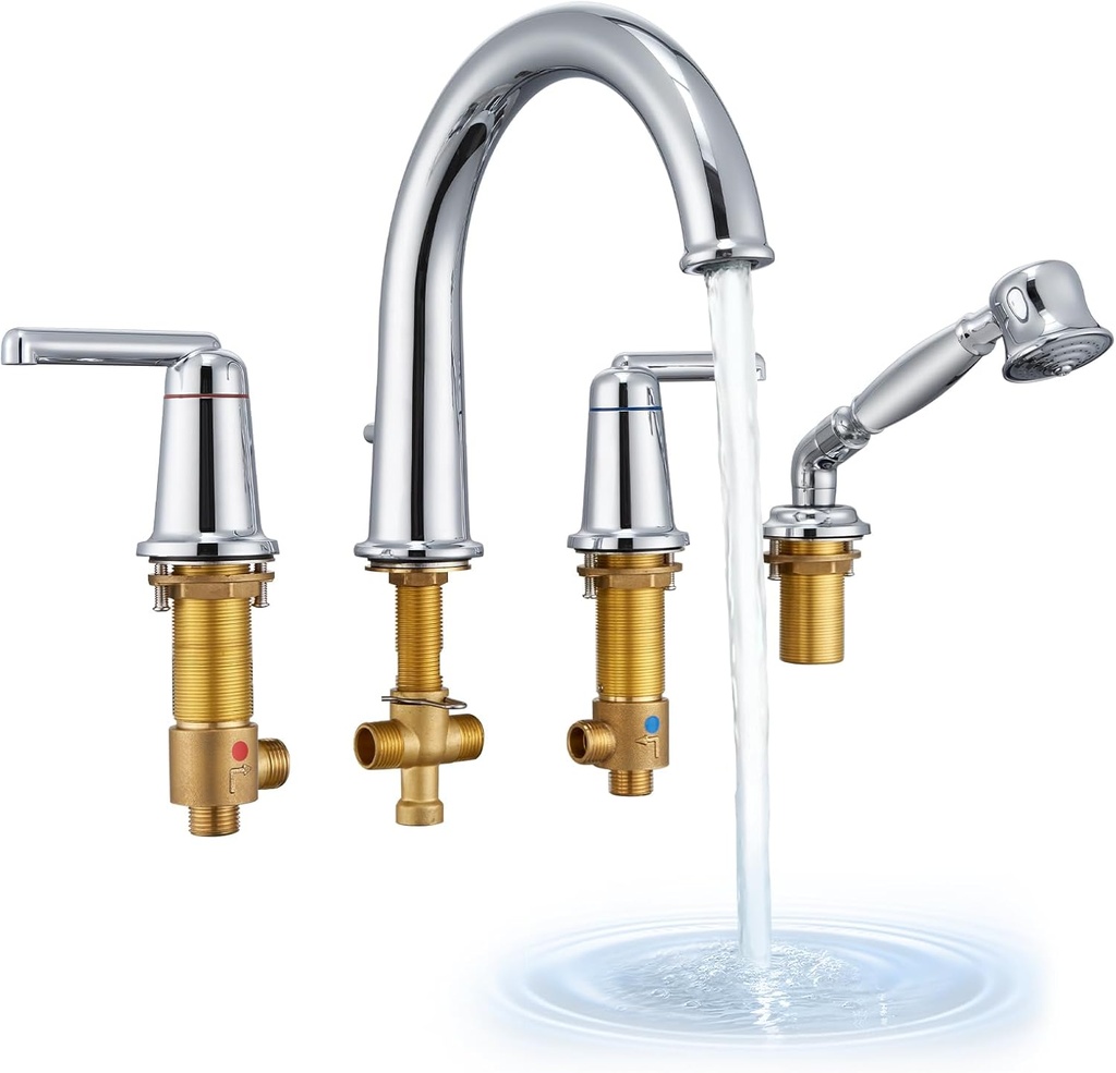 Roman Tub Faucet Set with Hand Shower, KRUZOO Bathtub Faucet Set Trim Kit with Rough-in Valve, Deck Mount Widespread 4 Hole Brass Tub Filler, KZ-9608PC, Polished Chrome