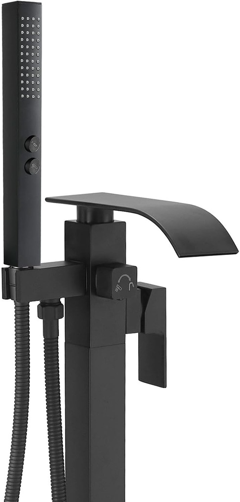 BESy Tub Filler Freestanding Bathtub Faucet Matte Black Floor Mount Tub Faucet Waterfall Free Standing Bathtub Filler High Flow Brass Bath Shower Faucets with Handheld Sprayer