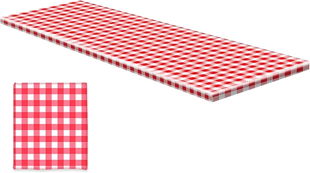 Picnic Tablecloth Set, Bench Seat Covers, 76x182.9cm/29.92x72.01 Inches Red White Checkered Design, Water-Resistant Fabric, Elastic Edge Fit, for Outdoor Dining Camping Patio
