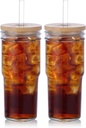 2 Pcs Glass Cups with Lids and Straws, 20oz/600ml Ice Glass Coffee Cups with Lids, Reusable Wide Mouth Tumbler with & Leakproof Metal Lid & Eco Bamboo Lid & Cleaning Kit