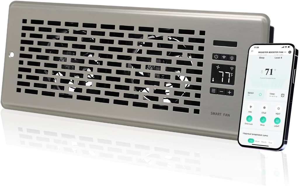 Register Booster Fan for 4" x 12" Register Holes, Quiet Vent Fan Booster with Intelligent Thermostat, Improves Heating Cooling, App Control, 10-Speeds, Manhattan Smart Register Vent, SN