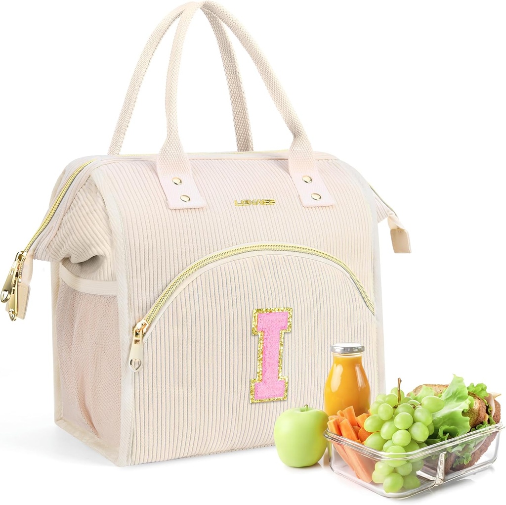 Lunch Bag Women Reusable Insulated Lunch Box, Preppy Initials Lunchbox, Leakproof Large Adults Lunch Tote Cooler Bags for Working, Outdoor Picnic, Hiking-Birthday Gifts (Beige I)