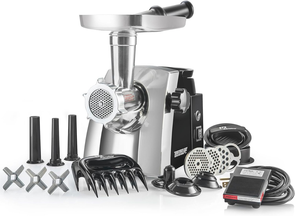STX International Turboforce Cadet 2000 Series Electric Meat Grinder | 6-in-1 Multifunctional | Foot Pedal | Sausage Stuffer | Kubbe Maker | 4 Grinding Die | Stainless Steel Blades & More Included