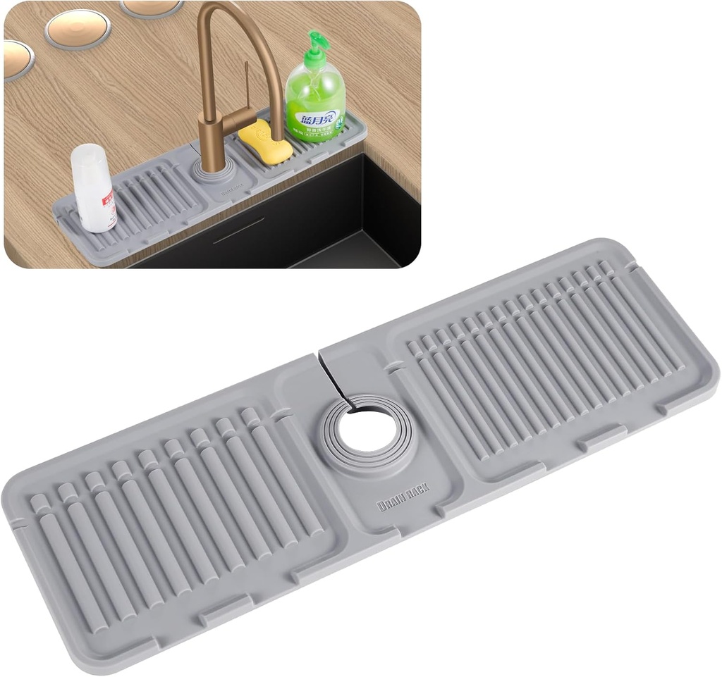 Kingmall Faucet Mat for Kitchen Sink, Premium Silicone Splash Guard with Fast Drying Properties, Protective Sink Tray with Cutable Circular Central for Stone Sinks in Kitchen & Bathroom【Grey】